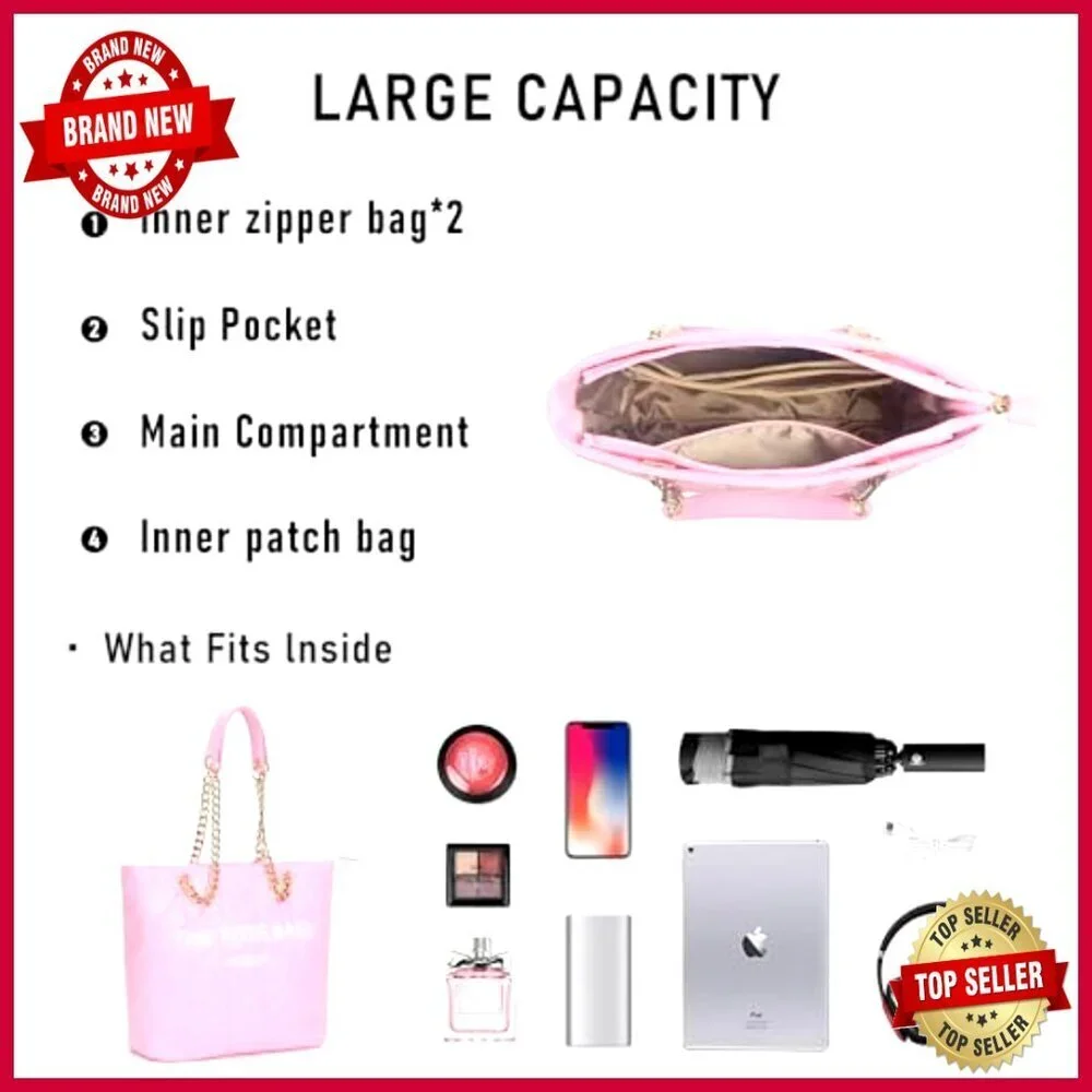 Large PU Leather Tote Bag with Zipper Compartments and Chain Strap